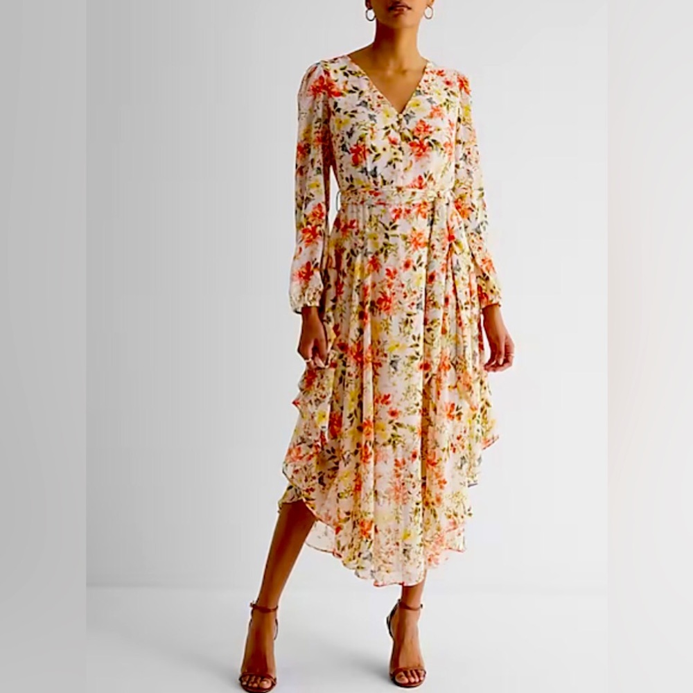 Floral print front tie waist midi dress